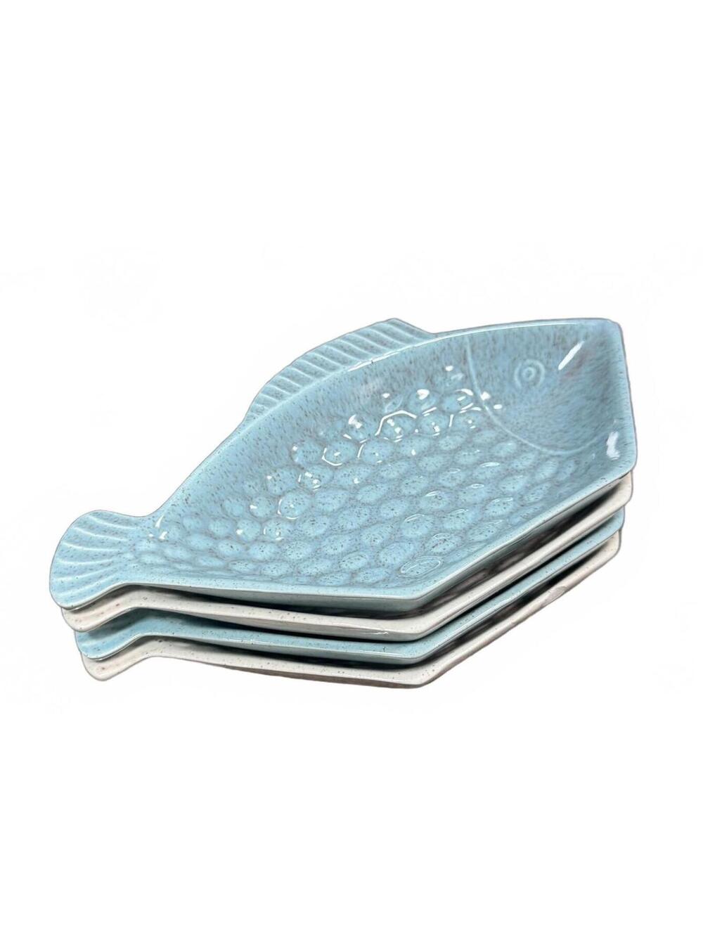 Lot of 4 Vintage MCM California Pottery Stackable Fish Design Snack Dishes